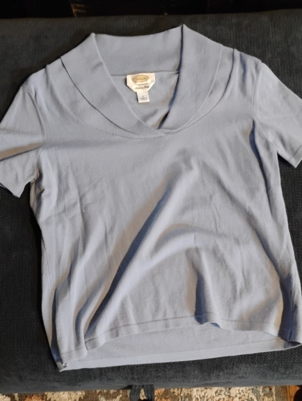 Talbots Pale Blue Short Sleeve Knit Top with Wide Collar